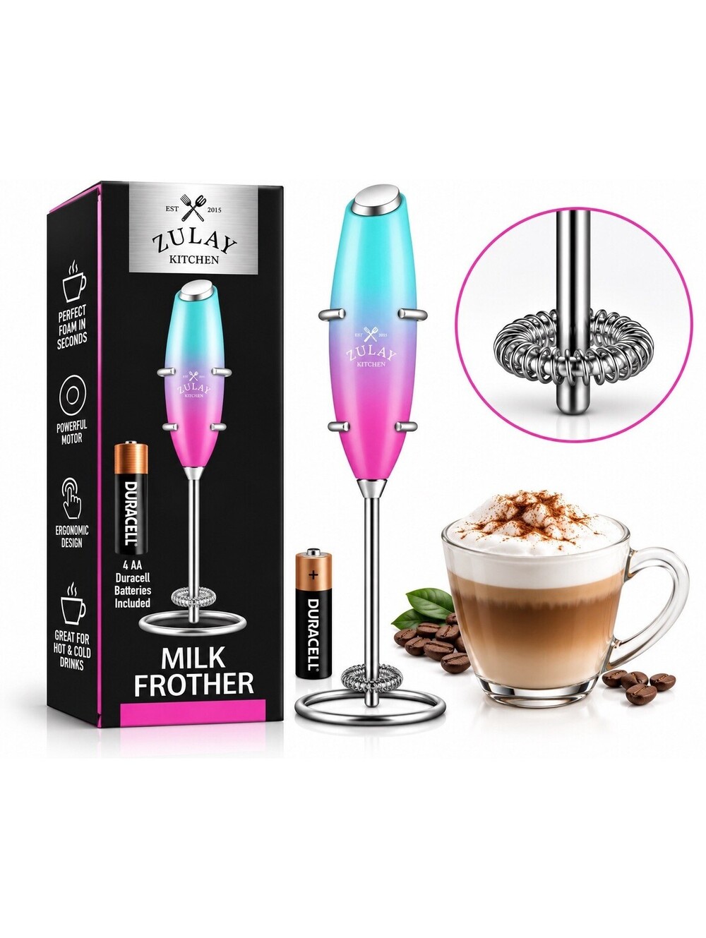 🩵💗 Zulay Kitchen Milk Frother Electric Handheld Teal Pink Gradient Bat Incl
